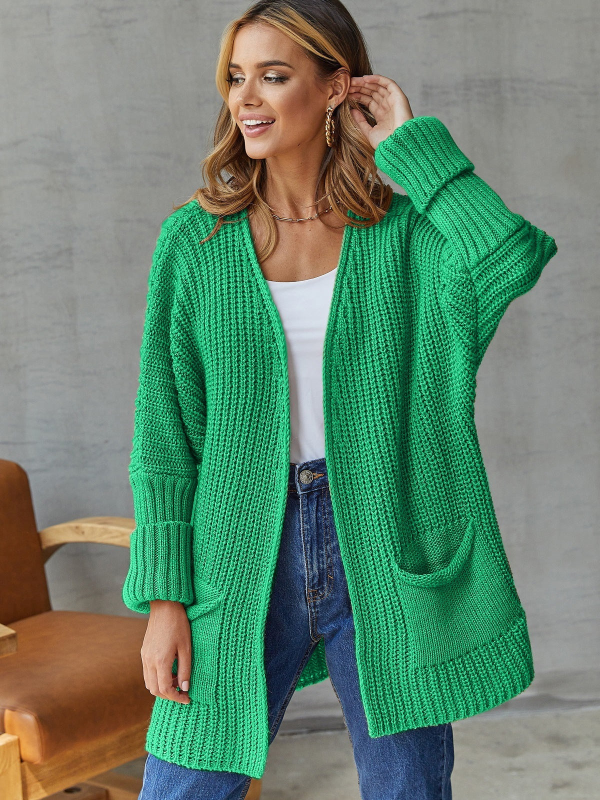 Women's Open Cardigan with Pockets and Long Sleeves