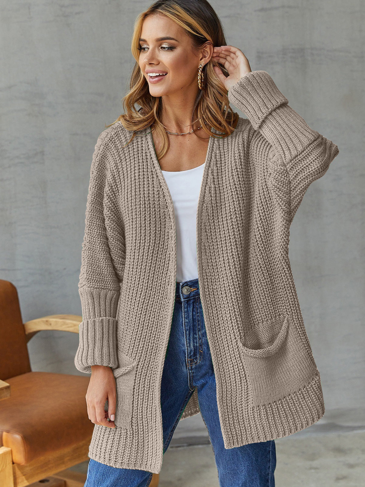 Women's Open Cardigan with Pockets and Long Sleeves