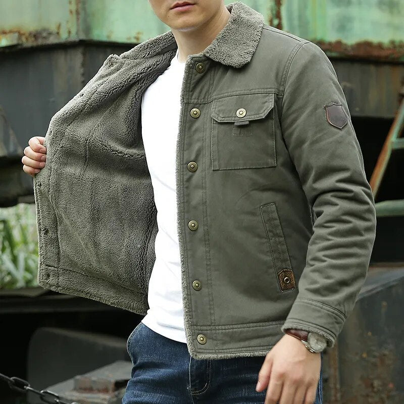 Warm men's winter jacket fleece pockets buttons