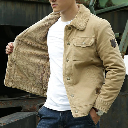 Warm men's winter jacket fleece pockets buttons