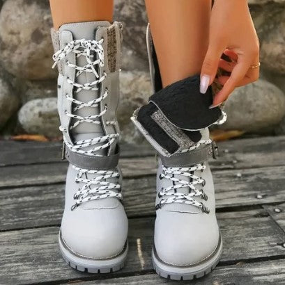 Knöchelhohe Strickstiefel Damen Schnürsenkel Reißverschluss - IdealeKleiden