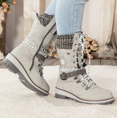 Ankle-High Knit Boots for Women Lace-Up Zipper