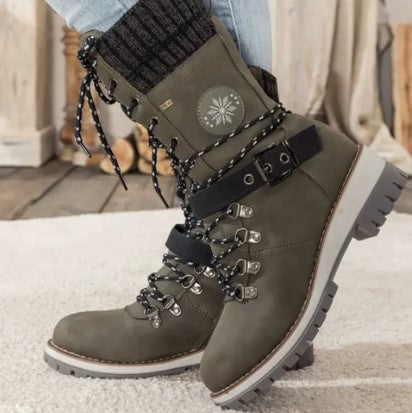 Ankle-High Knit Boots for Women Lace-Up Zipper