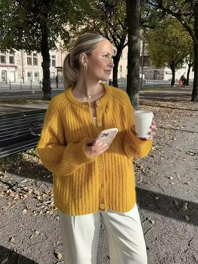 Damen Strickjacke Rundhalsausschnitt Knopfverschluss - IdealeKleiden