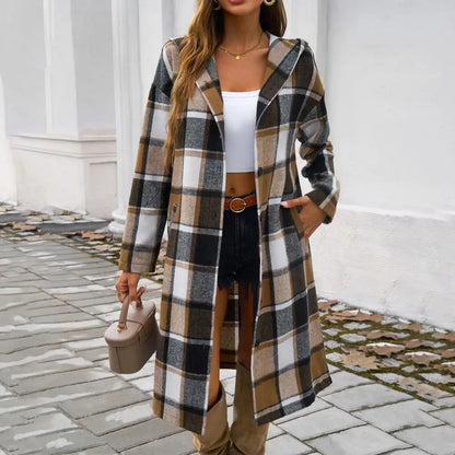 Women's Plaid Coat Long Hood Button Closure
