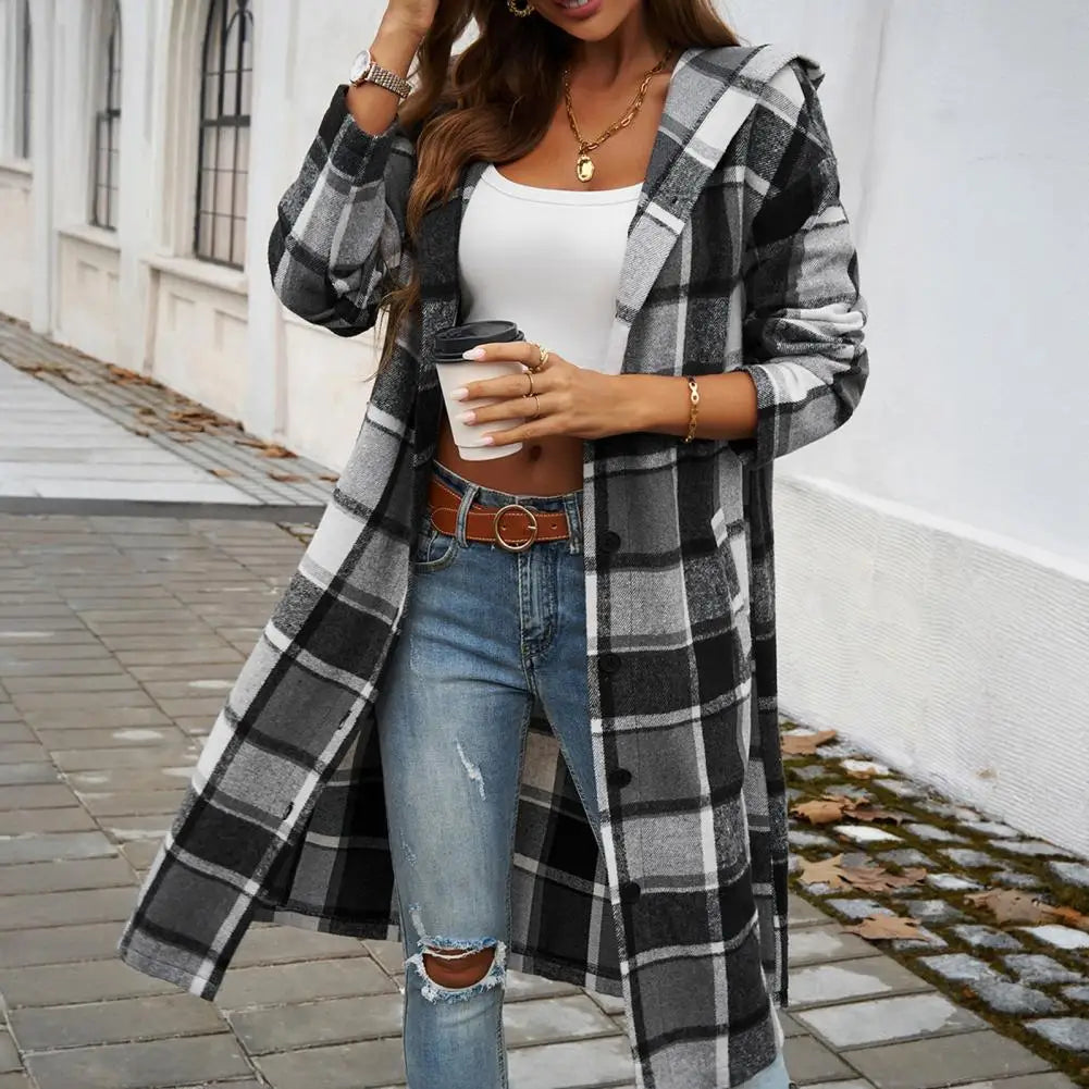 Women's Plaid Coat Long Hood Button Closure