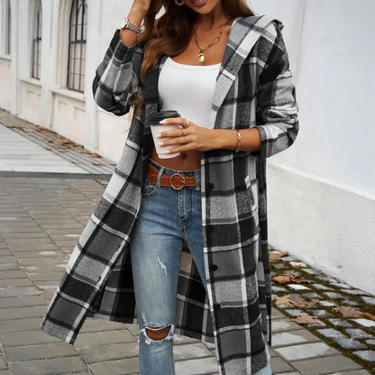 Women's Plaid Coat Long Hood Button Closure