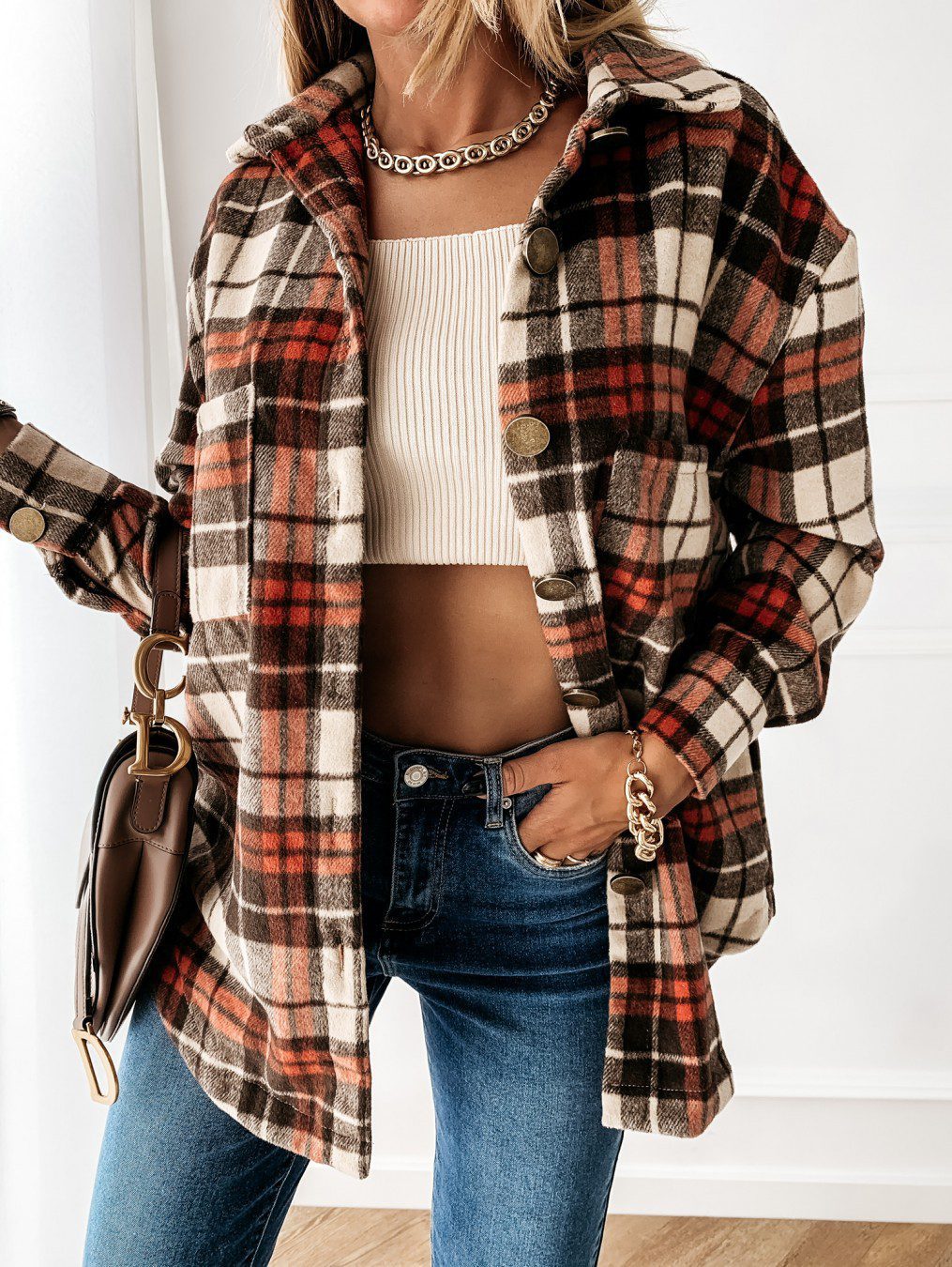 Women's Oversized Plaid Long-Sleeved Cardigan