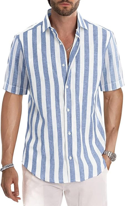 Men's Striped Short-Sleeved Collared Shirt