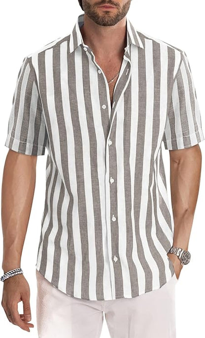 Men's Striped Short-Sleeved Collared Shirt