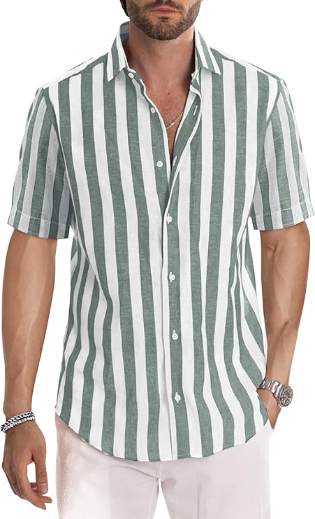 Men's Striped Short-Sleeved Collared Shirt