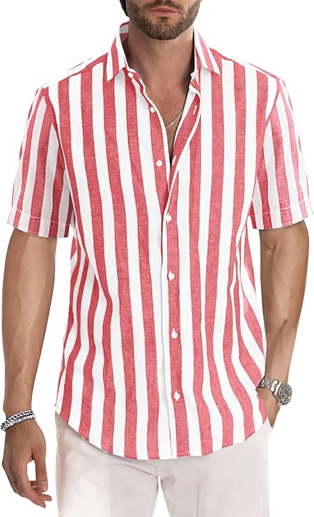 Men's Striped Short-Sleeved Collared Shirt