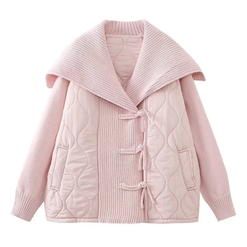 Women's Lined Winter Jacket Rib Details Wide Collar