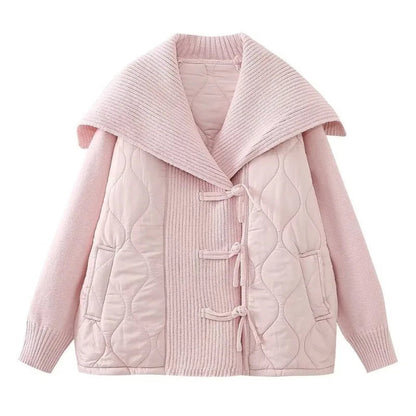 Women's Lined Winter Jacket Rib Details Wide Collar