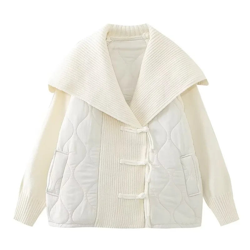 Women's Lined Winter Jacket Rib Details Wide Collar