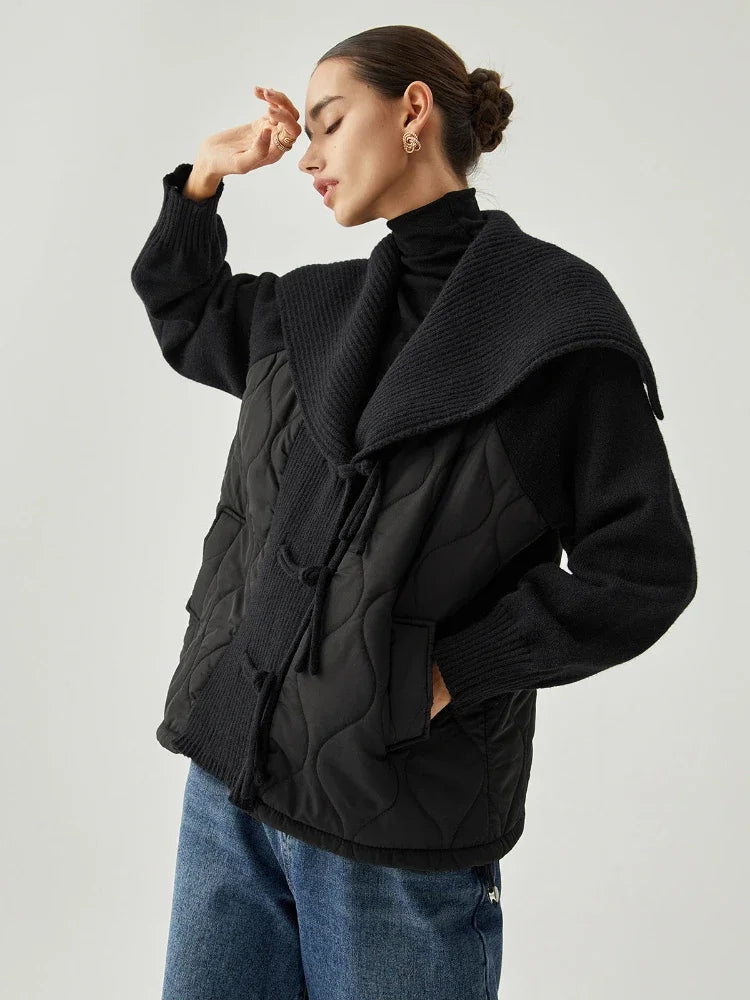 Women's Lined Winter Jacket Rib Details Wide Collar