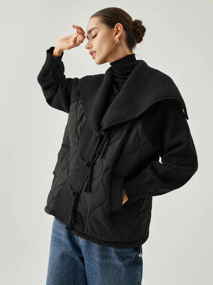 Women's Lined Winter Jacket Rib Details Wide Collar
