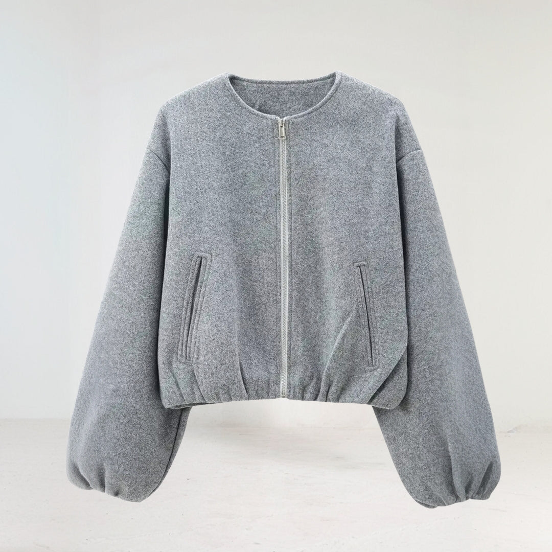 Fashionable Women's Bomber Jacket Balloon Sleeves Zip