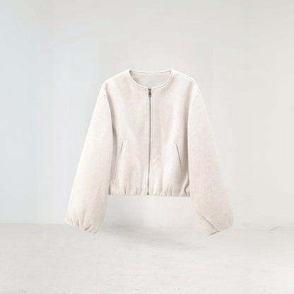 Fashionable Women's Bomber Jacket Balloon Sleeves Zip