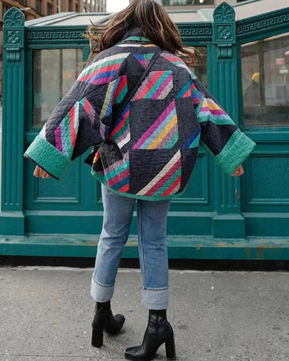 Übergroße Damenjacke Vintage Stil Bunt Gemustert - IdealeKleiden