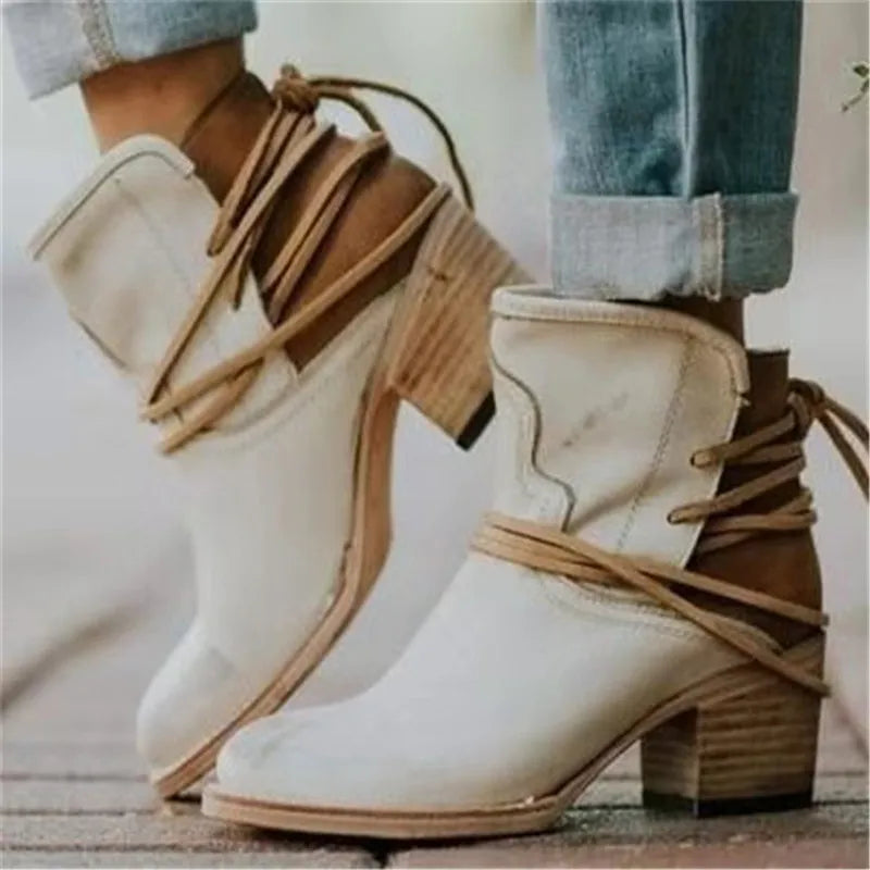 Women's Western Boots Leather Brown Aged Block Heel