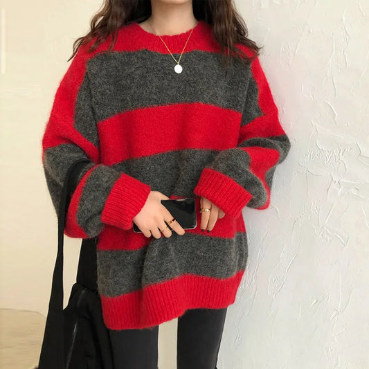 Damen Strickpullover Übergröße Gestreift Herbstmode - IdealeKleiden
