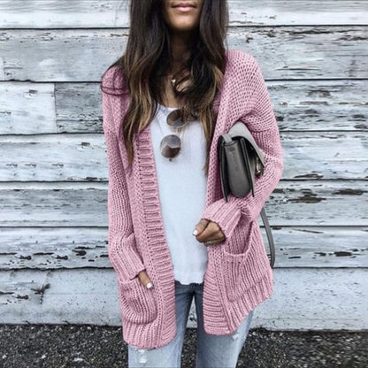 Entspannte Strickjacke Offene Vorderseite Mit Taschen - IdealeKleiden