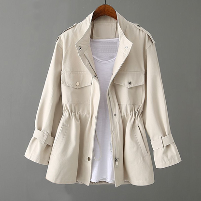 Simple women's jacket with drawstring and solid color design