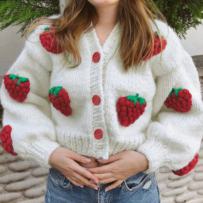 Frauen Cardigan Strickjacke Erdbeere Muster - IdealeKleiden