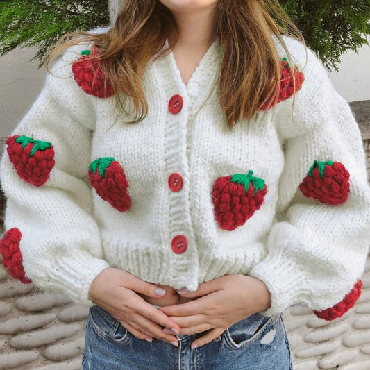 Weiches Strickjacket Erdbeere Muster Damen - IdealeKleiden