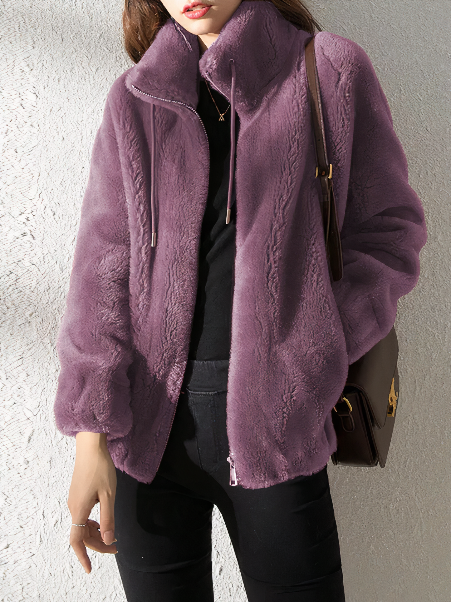 Soft Fleece Teddy Look Jacket - High Collar - Zipper