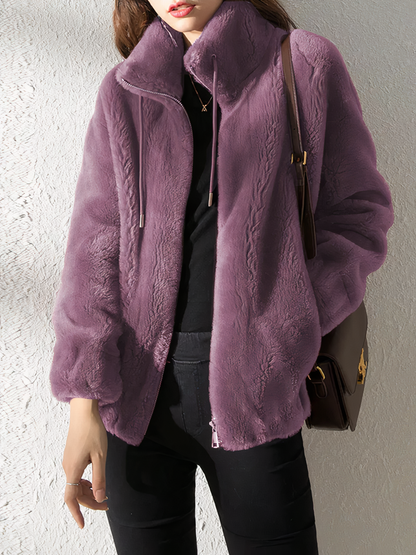 Soft Fleece Teddy Look Jacket - High Collar - Zipper