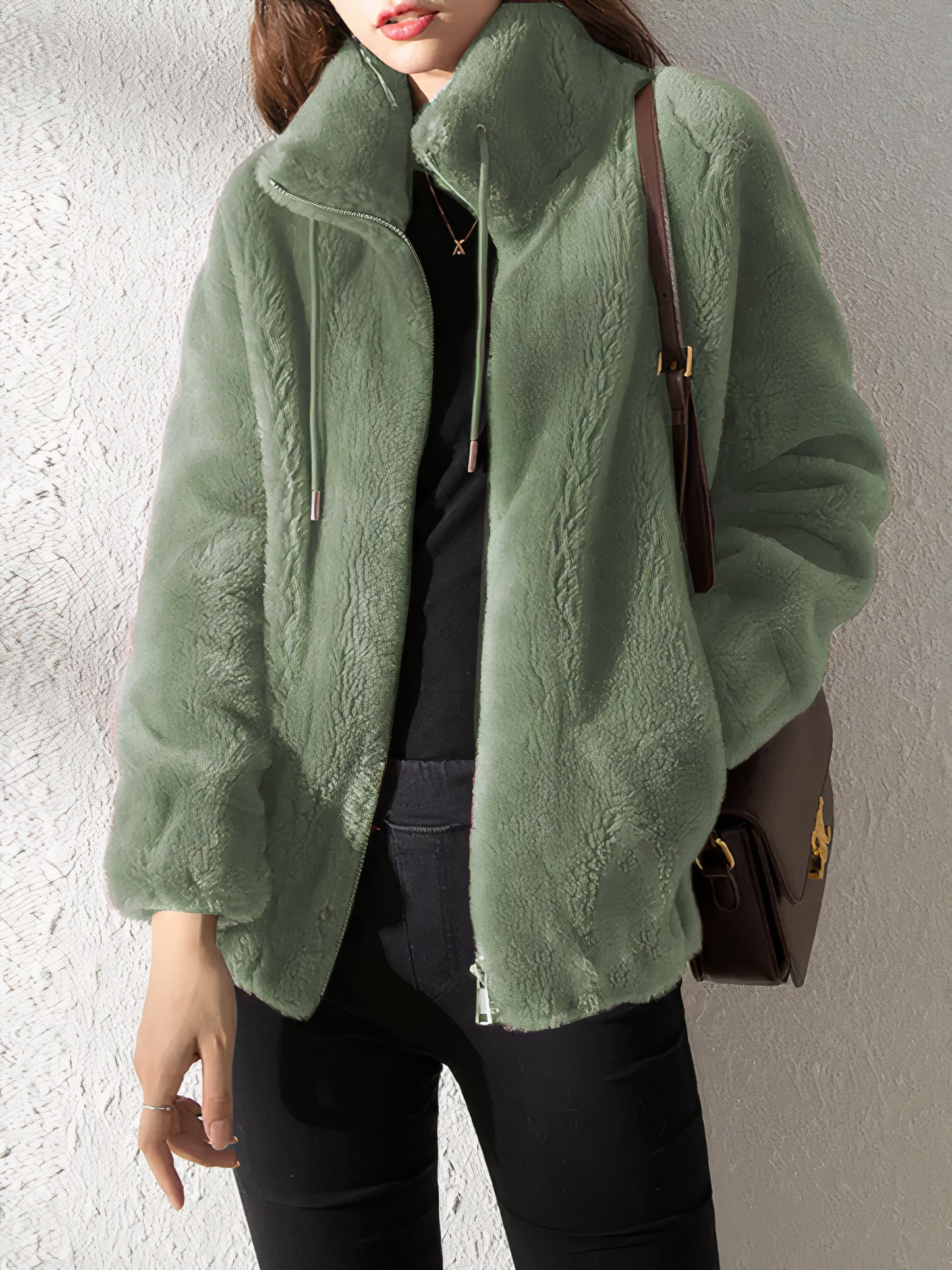 Soft Fleece Teddy Look Jacket - High Collar - Zipper