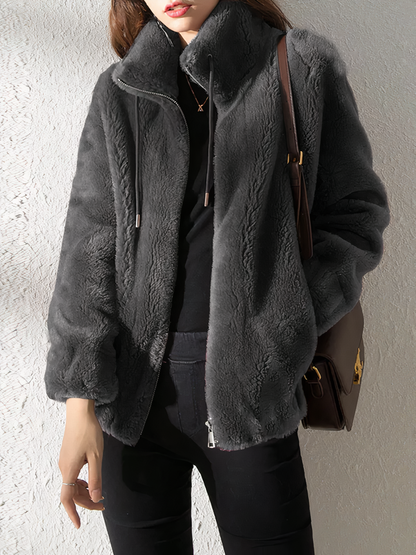 Soft Fleece Teddy Look Jacket - High Collar - Zipper