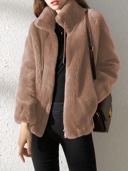 Soft Fleece Teddy Look Jacket - High Collar - Zipper