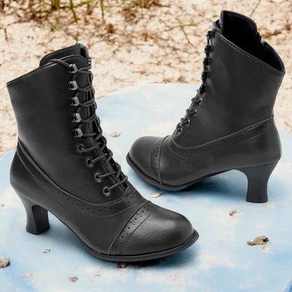 Women's Boots Victorian Brown Mid-Heel Lace-Up Boots Elegance