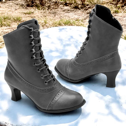 Women's Boots Victorian Brown Mid-Heel Lace-Up Boots Elegance