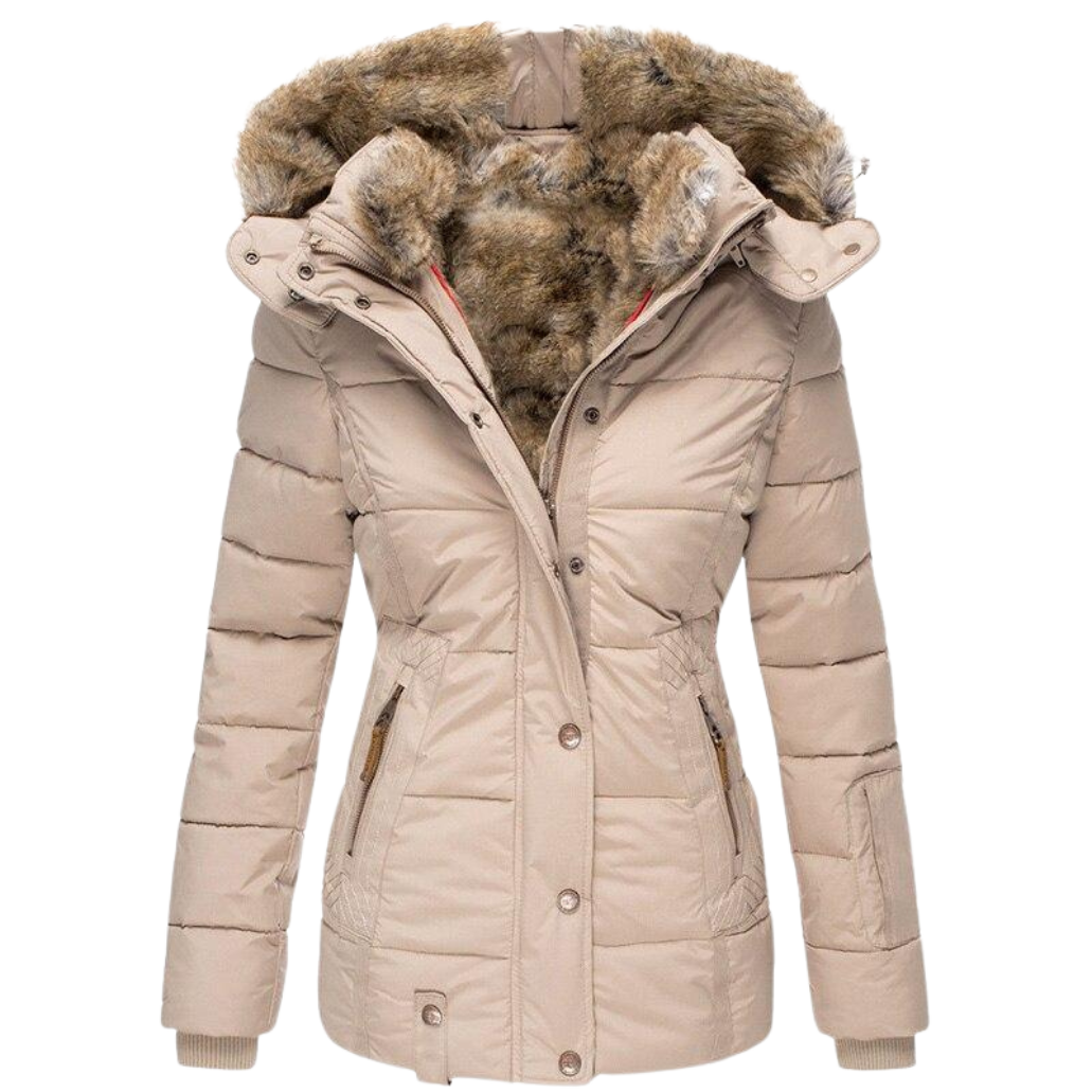 Warm Winter Dress | Women's Coat with Fur Collar and Quilted Seams