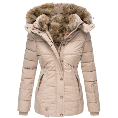 Warm Winter Dress | Women's Coat with Fur Collar and Quilted Seams