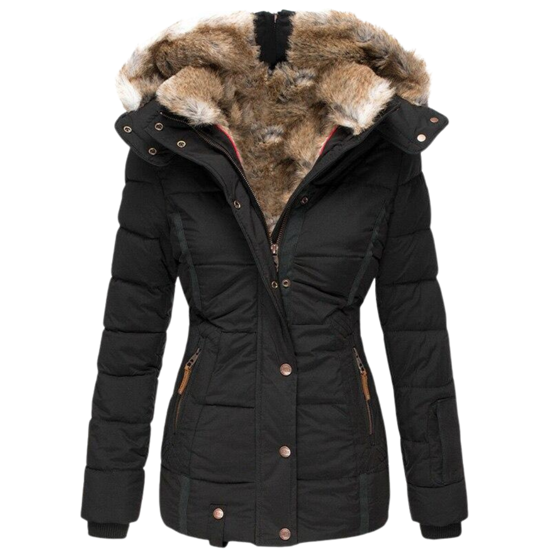 Warm Winter Dress | Women's Coat with Fur Collar and Quilted Seams