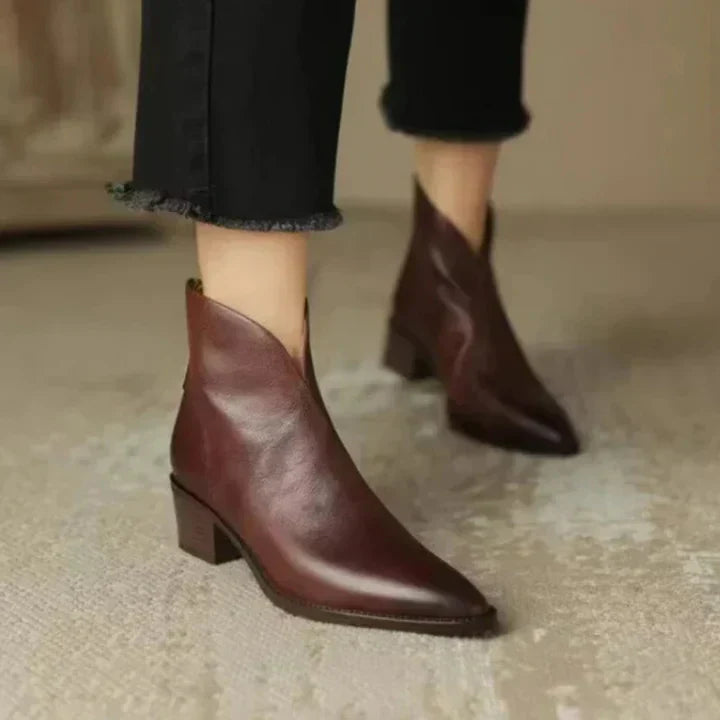 Damen Stiefelette Leder Blockheel Schuhe - IdealeKleiden