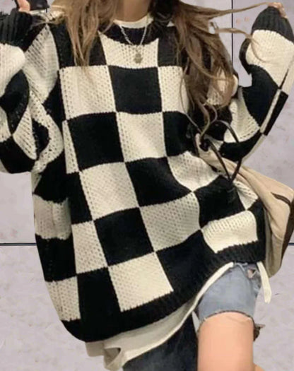 Women's Knitted Jumper Plaid Pattern Elegant