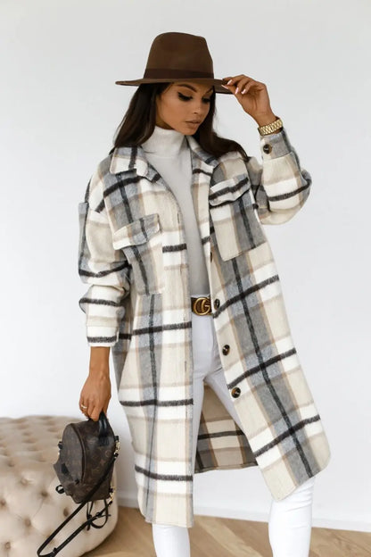 Langer Fleece-Mantel Karierter Stil