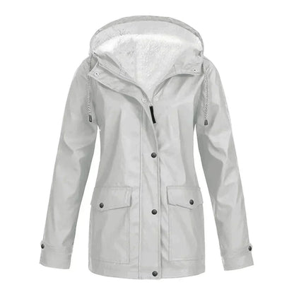 Water-resistant mid-length fleece-lined rain jacket