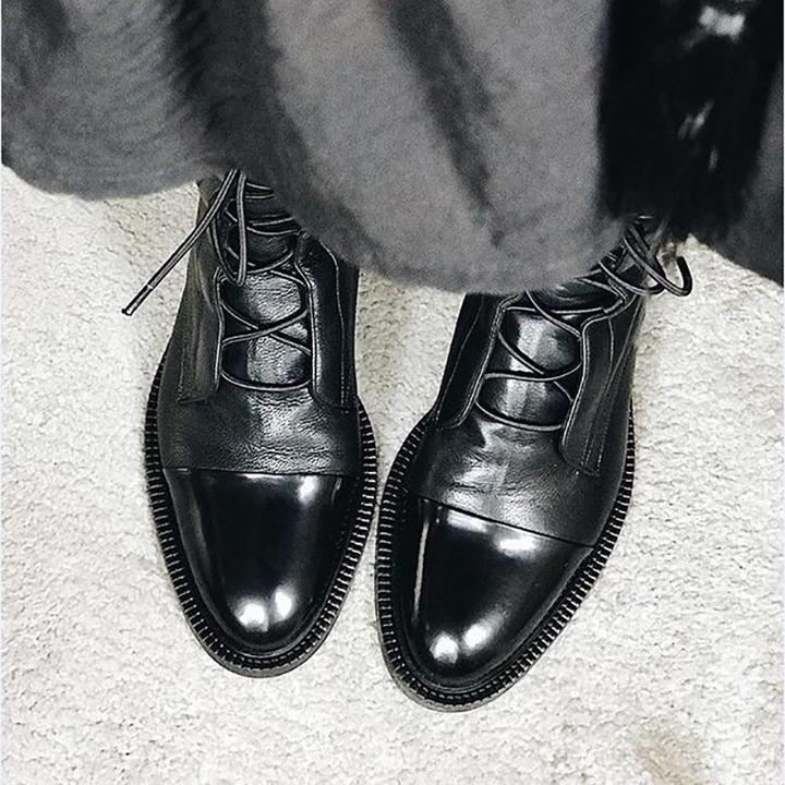 Leder Stiefel Mittelhohen Schnürstiefel Zweifarbig - IdealeKleiden