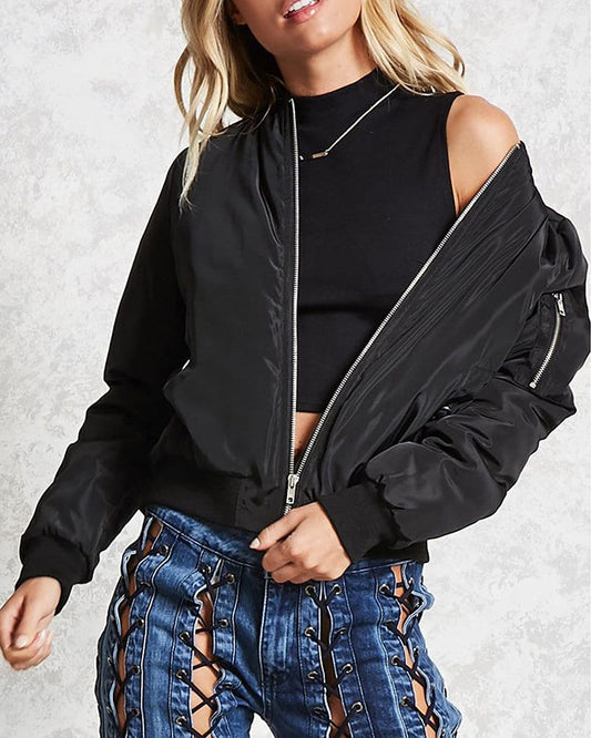 Moderne Damen Bomberjacke Mit Taschen Reißverschluss - IdealeKleiden