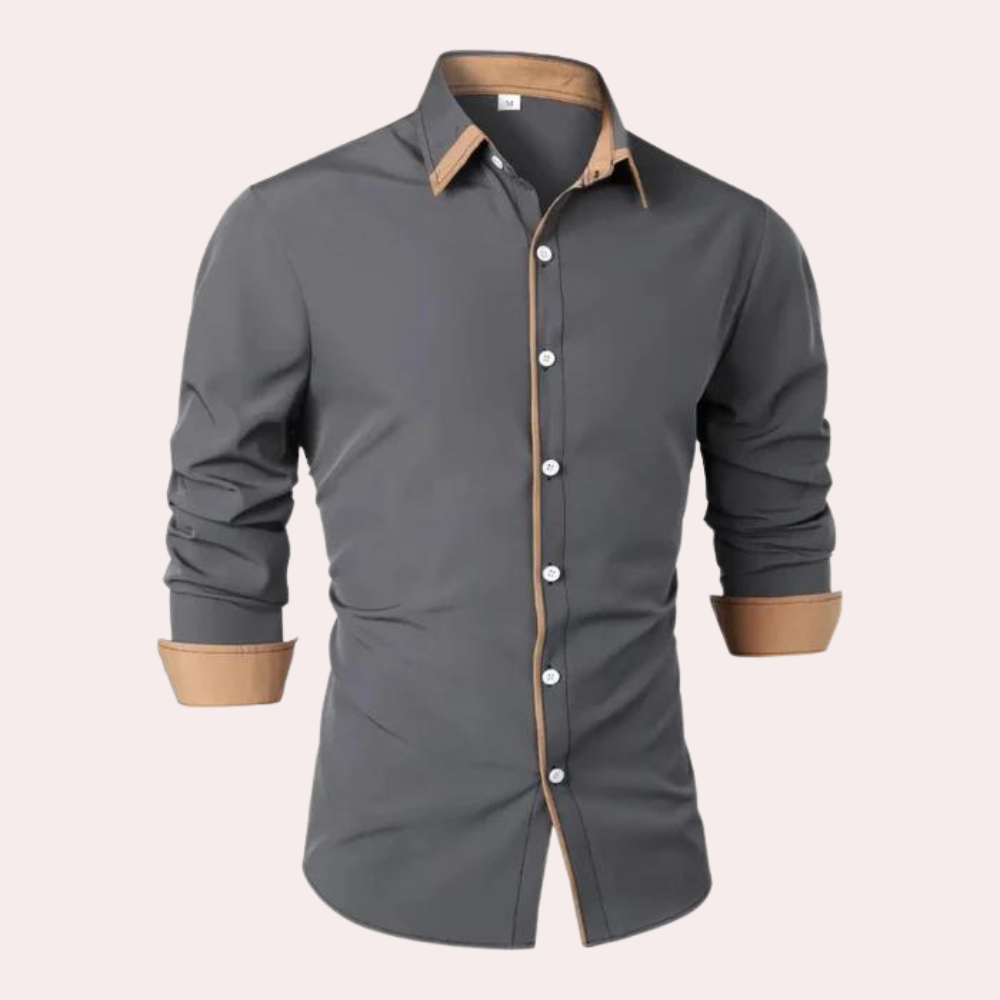 Men's Long-Sleeve Button-Up Shirt with Elegant Stand-Up Collar
