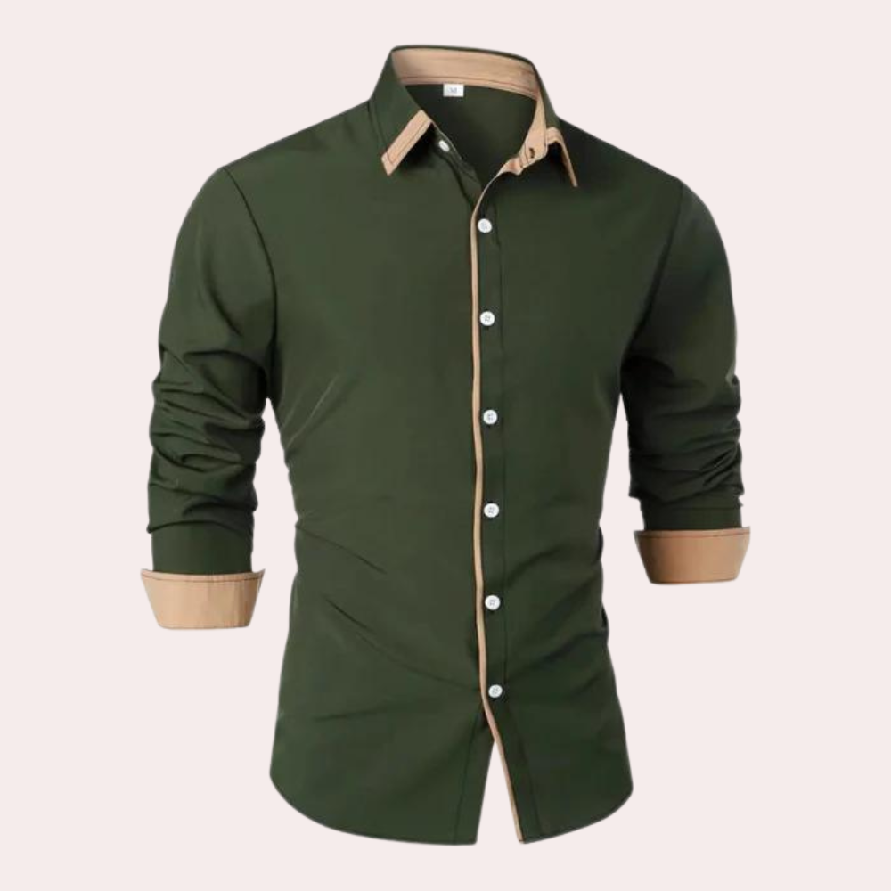 Men's Long-Sleeve Button-Up Shirt with Elegant Stand-Up Collar