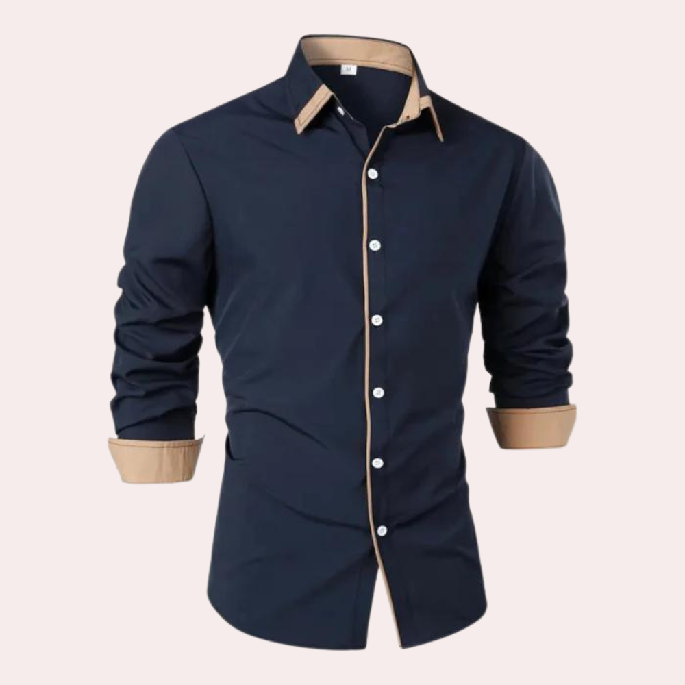 Men's Long-Sleeve Button-Up Shirt with Elegant Stand-Up Collar