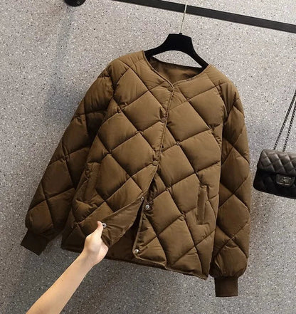 Stylish Women's Jacket Diamond Pattern Round Neck